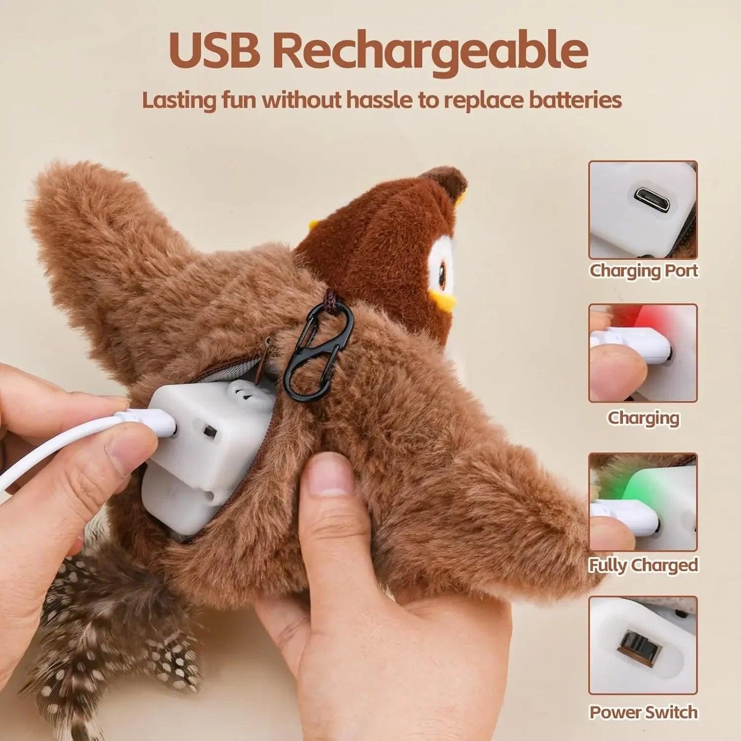 Rechargeable Electronic Flapping Plush Bird Cat Toy with Catnip